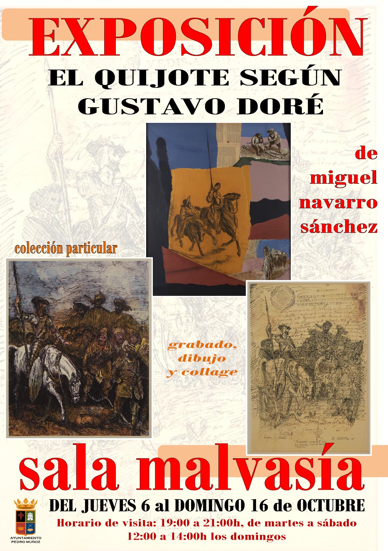 Una exposición de grabados, dibujos y collage, basados en la obra de gustavo doré, del manchego Miguel Navarro, llenará de "El Quijote" la sala Malvasía de Pedro Muñoz